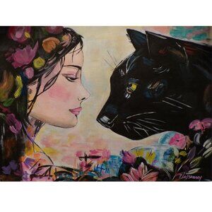 Original Painting  Woman & Panther  Abstract Realism on Canvas Paper 10x8 Art